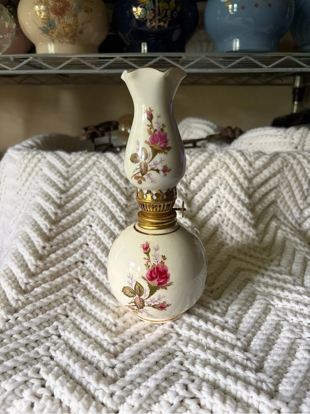 Floral Porcelain Mini Oil Lamp - White with Pink Rose